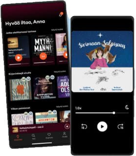 Kaksi puhelinta, joista toinen näyttää äänikirjavalikoimaa ja toisessa kuunnellaan Sirimaan salaisuutta äänikirjana